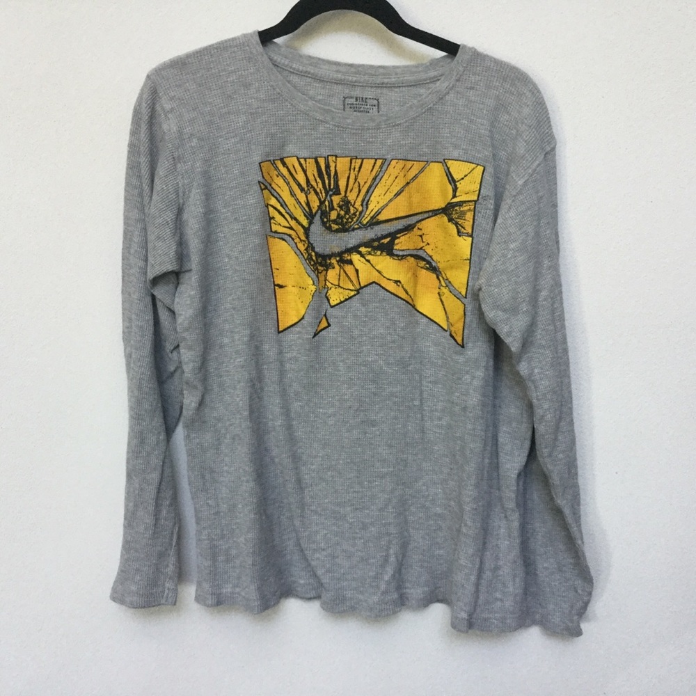 Nike Kids Grey, Gold Waffle Knit Long Sleeve Top Size XL Nike Symbol Winter